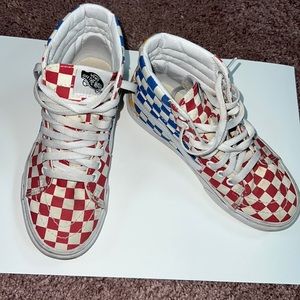 Retro blue, red, yellow, checkered high top vans